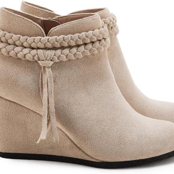 Womens Wedge Ankle Boots Braided Fringe Strap Western Heeled Fall Booties Dress - Picture 3 of 5